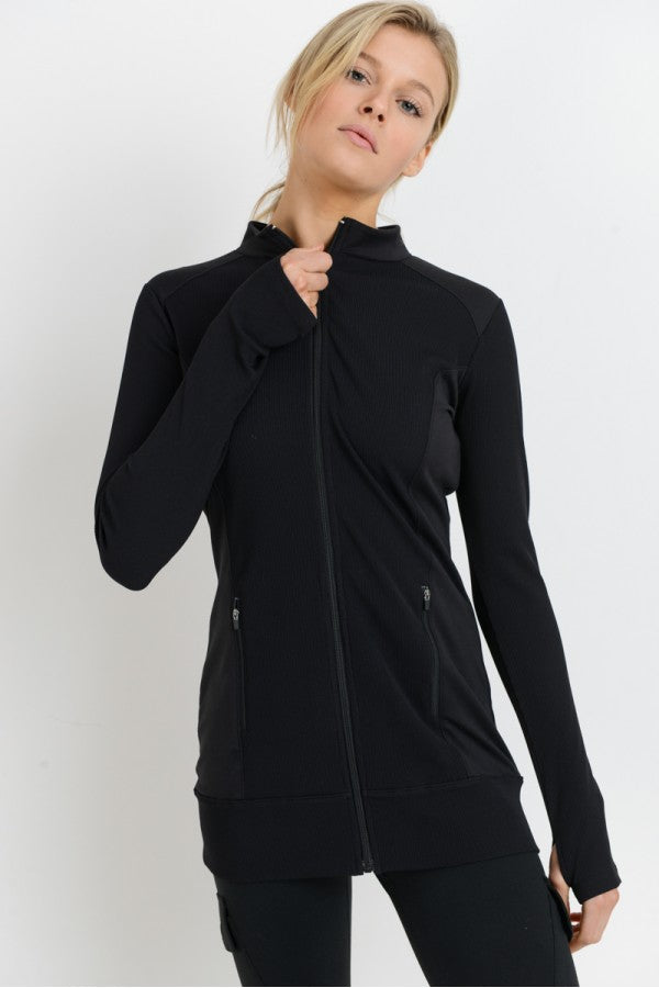 Veste longue zippée côtelée et lisse